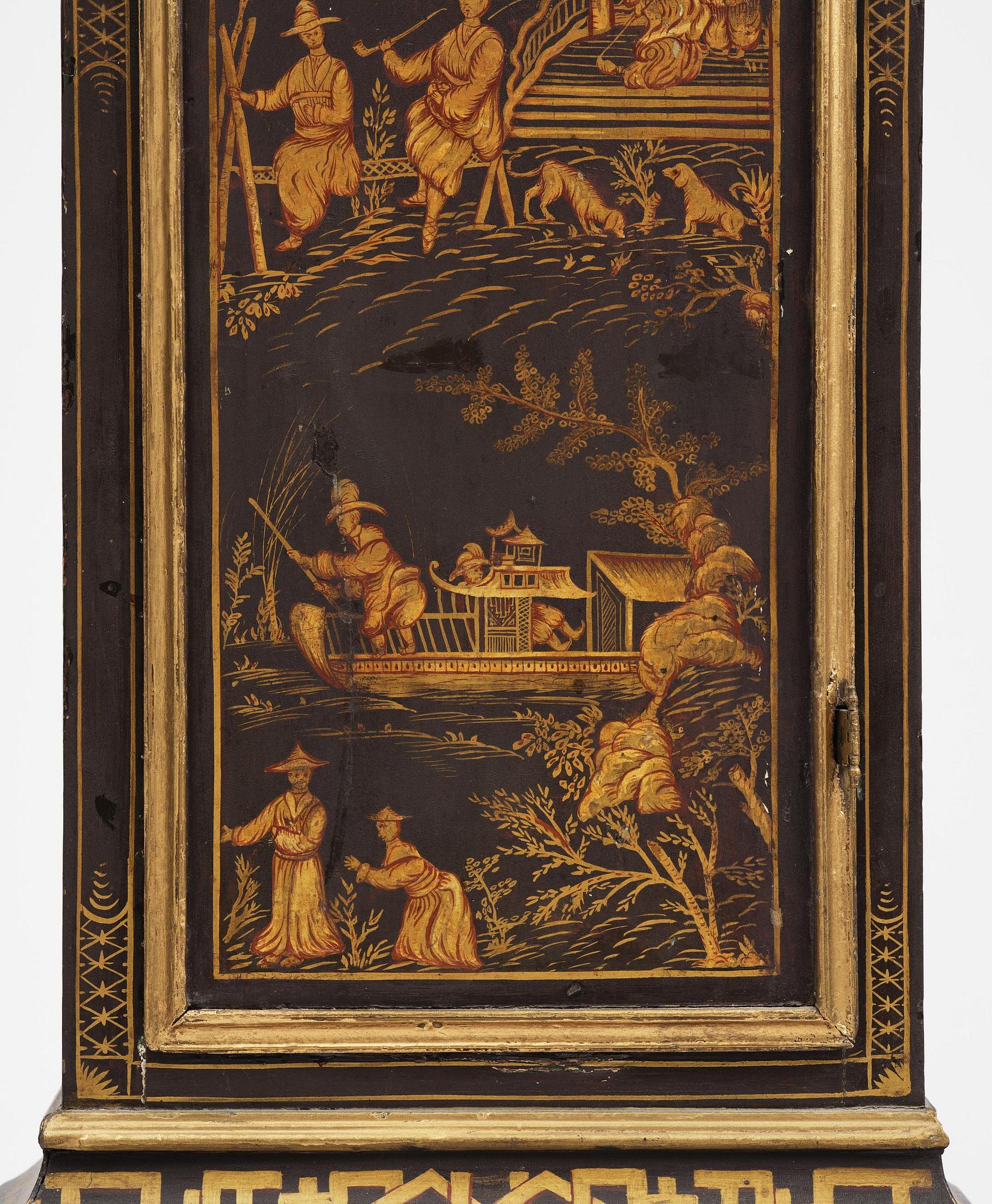 A George II japanned musical longcase clock by William Barrow (watchmaker in London 1700-36).