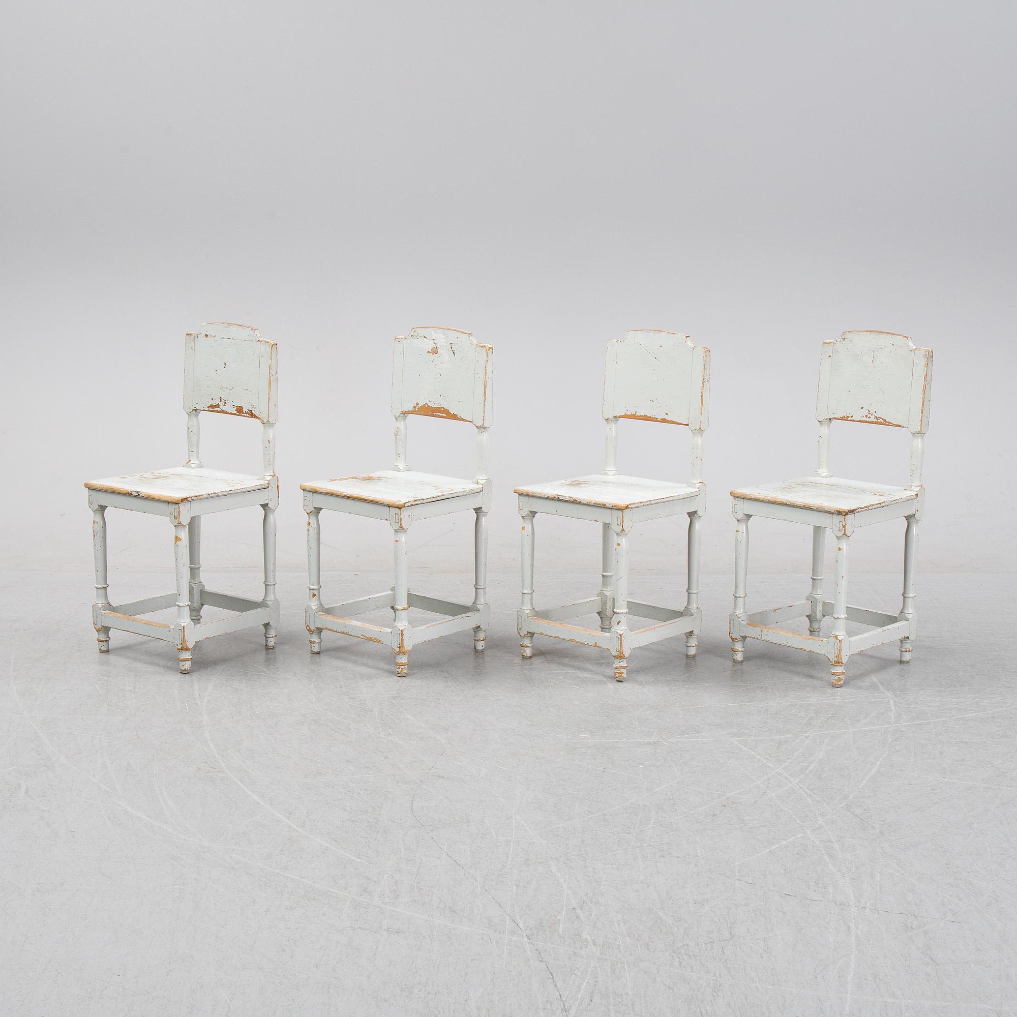 Four painte pine chairs, 19th Century.