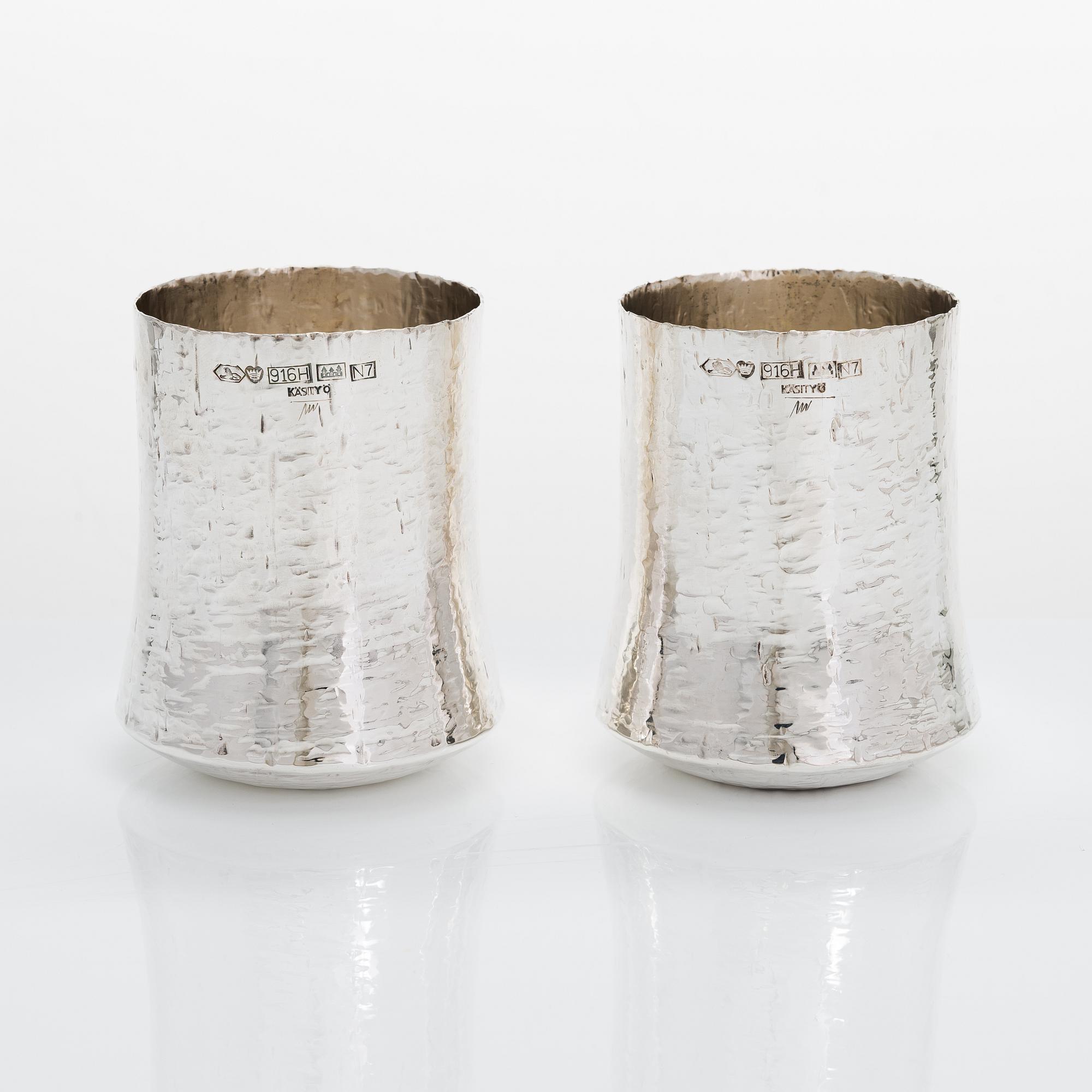 Tapio Wirkkala, a silver pitcher with six silver beakers, marked TW, Kultakeskus, Hämeenlinna Finland 1973 and 1966.