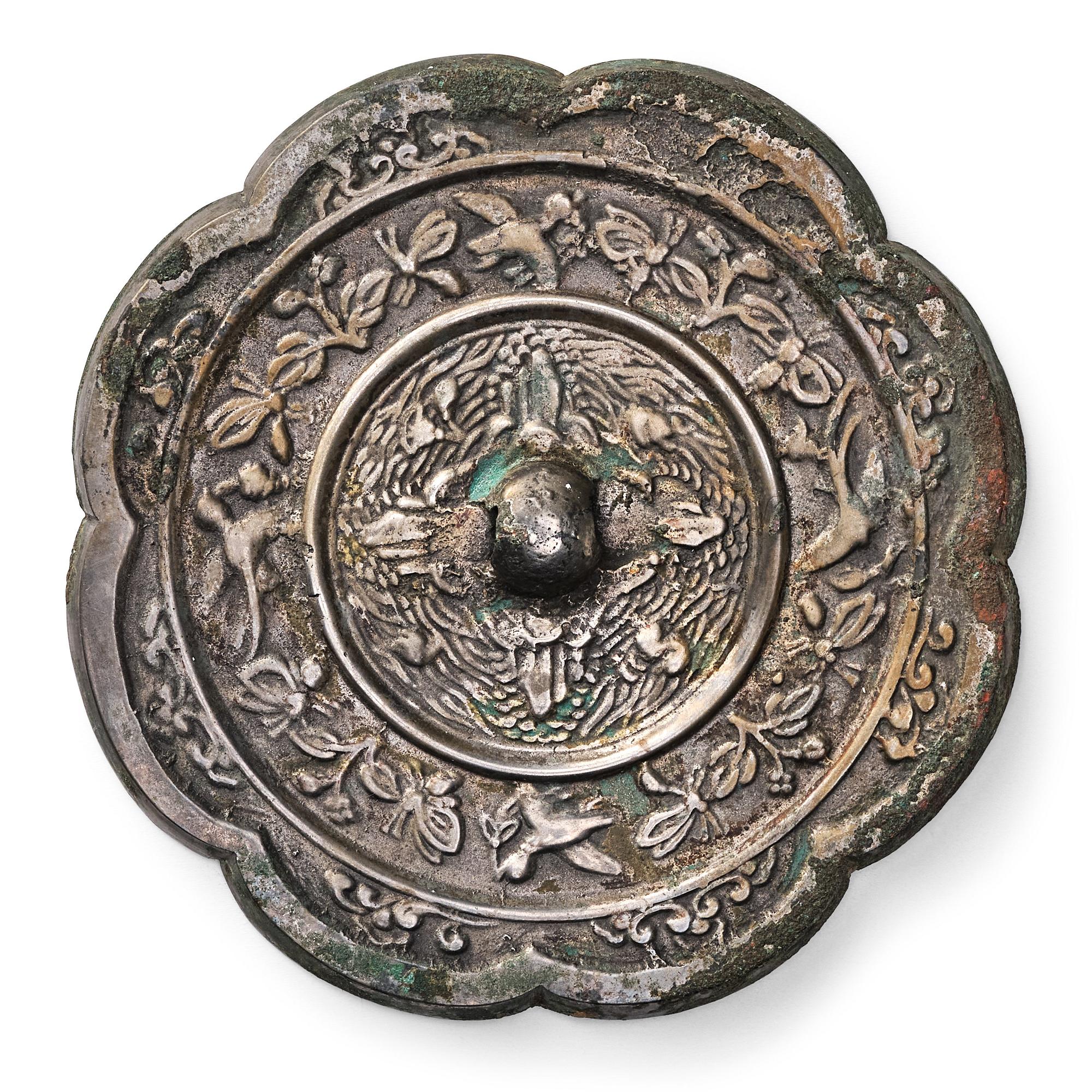 Spegel, delvis försilvrad brons. Tangdynastin (618-907).
