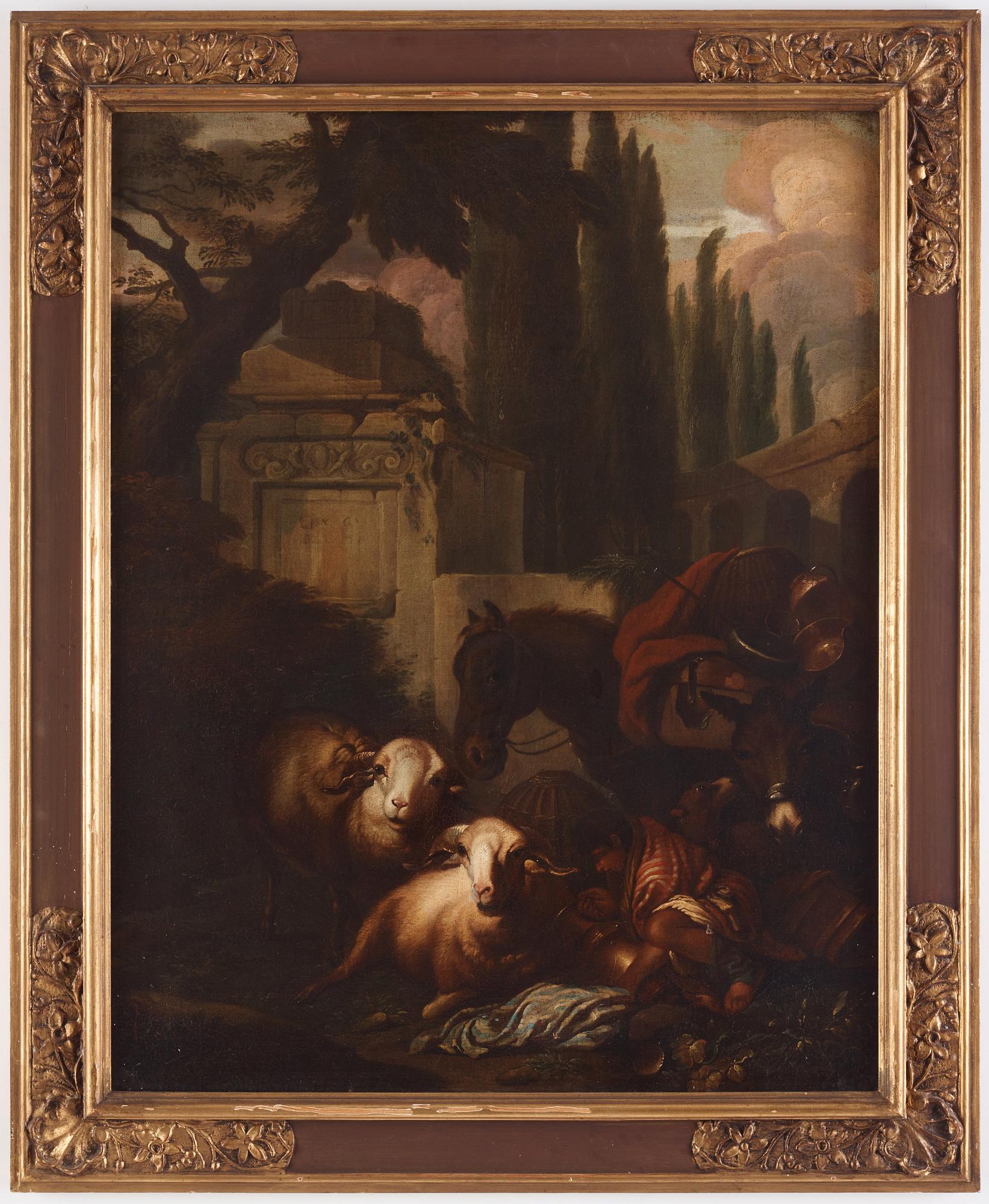 Philipp Peter Roos (Rosa di Tivoli) Follower of, Archaic landscape with livestock.