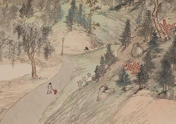 RULLMÅLNING med KALLIGRAFI, motiv från Beijings Universitet, daterad Yanjing (Beijing) våren 1937.