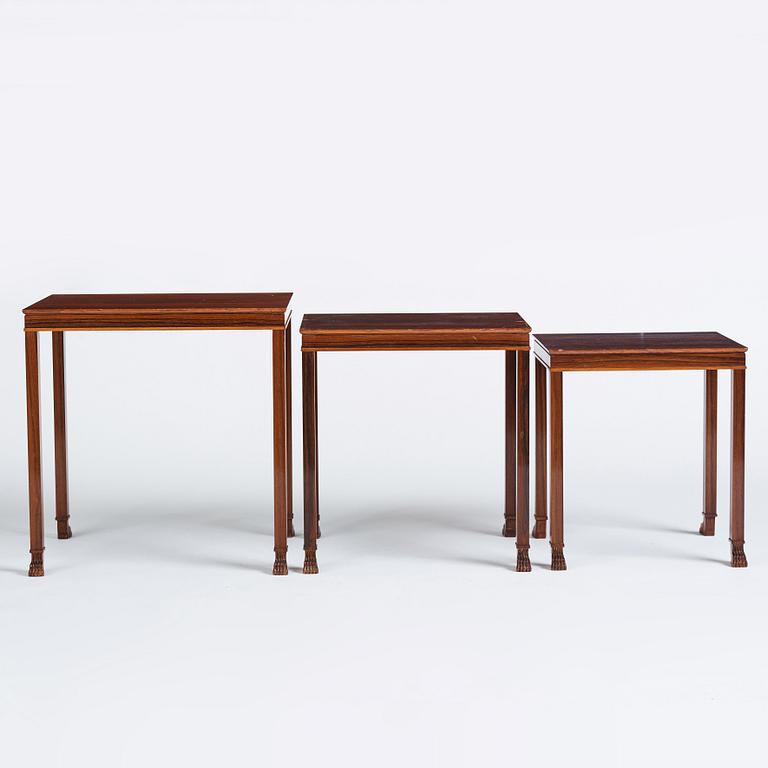 Axel Einar Hjorth, a set of three occasional palisander tables, "Caesar", ordered as a special commission, Nordiska Kompaniet, Sweden 1937.