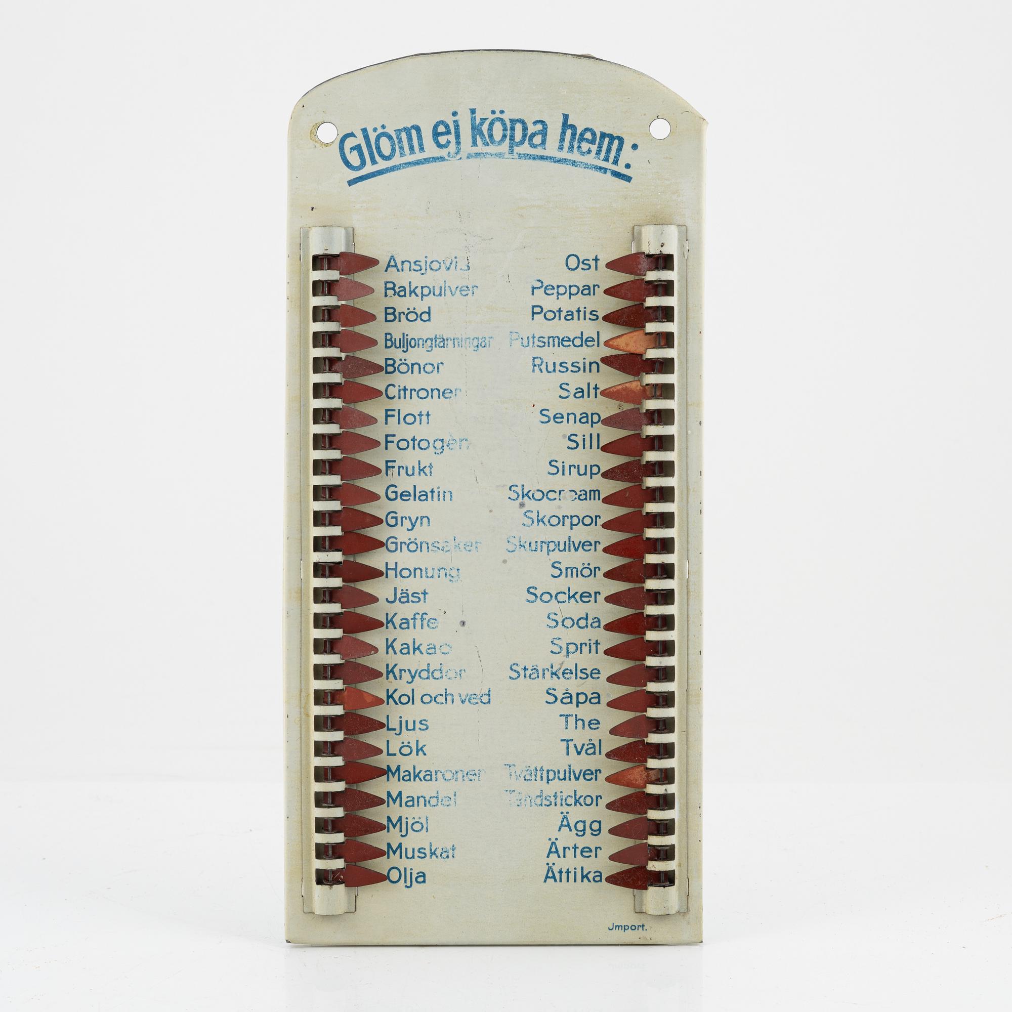 A metal shopping list, 1930's/40's.
