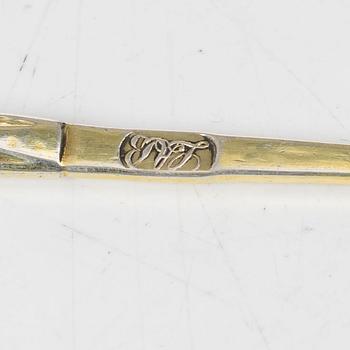 Butter dish, three pairs of salt spoons, and two mustard spoons, Sweden, 19th Century.