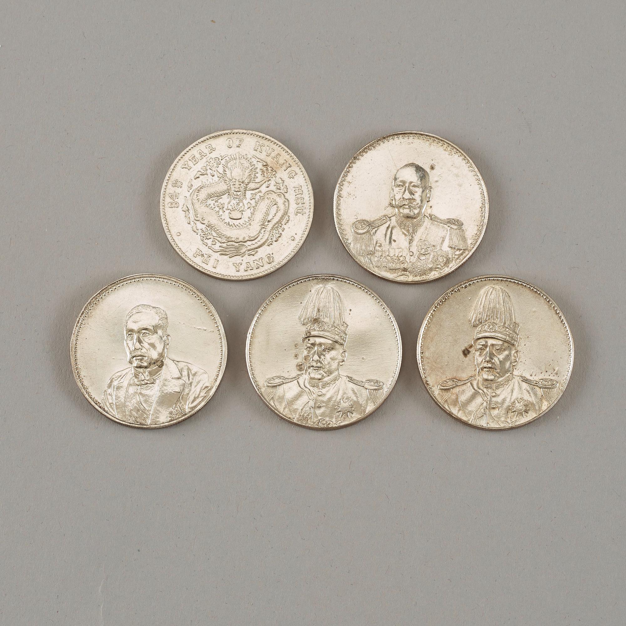 MYNT, fem stycken, silver. Fyra Republik samt ett Guangxu (1908).