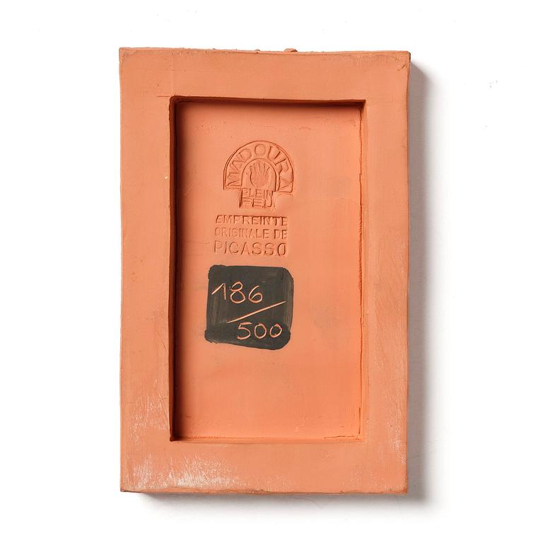 Pablo Picasso, a "Personnages et cavalier" (A.R. 540) terracotta plaque, Madoura, Vallauris, France, post 1968.