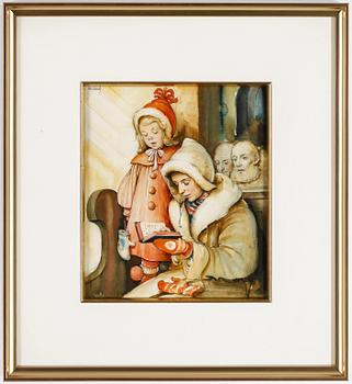 Helge Artelius · HELGE ARTELIUS, akvarell med täckvitt, signerad.