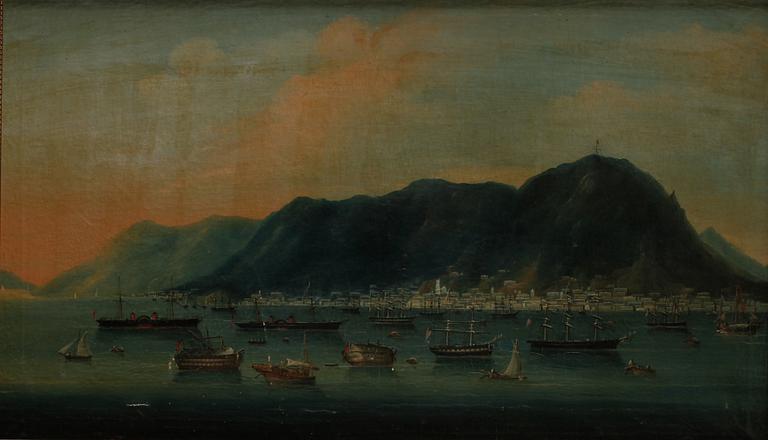 An oil painting on canvas over Hong Kong by anonymous artist, Qing dynasty, 19th Century.