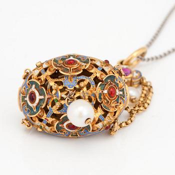 A neo-renaissance enamel lamb of God pendant/necklace with a large baroque pearl, rubies and diamond.