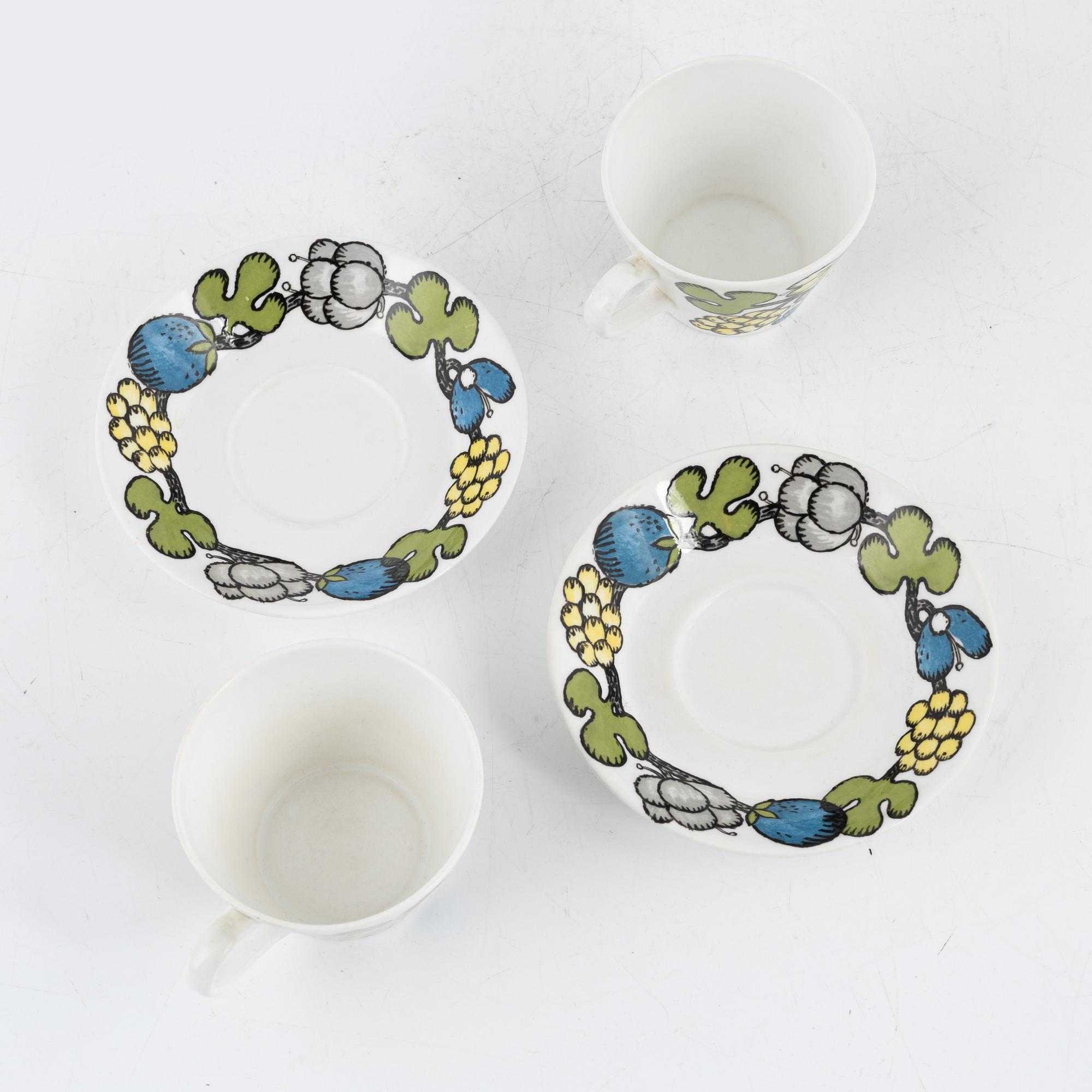 Stig Lindberg, kaffekoppar med fat, 5 st, benporslin, "Riviera", Gustavsberg, 1970-tal.