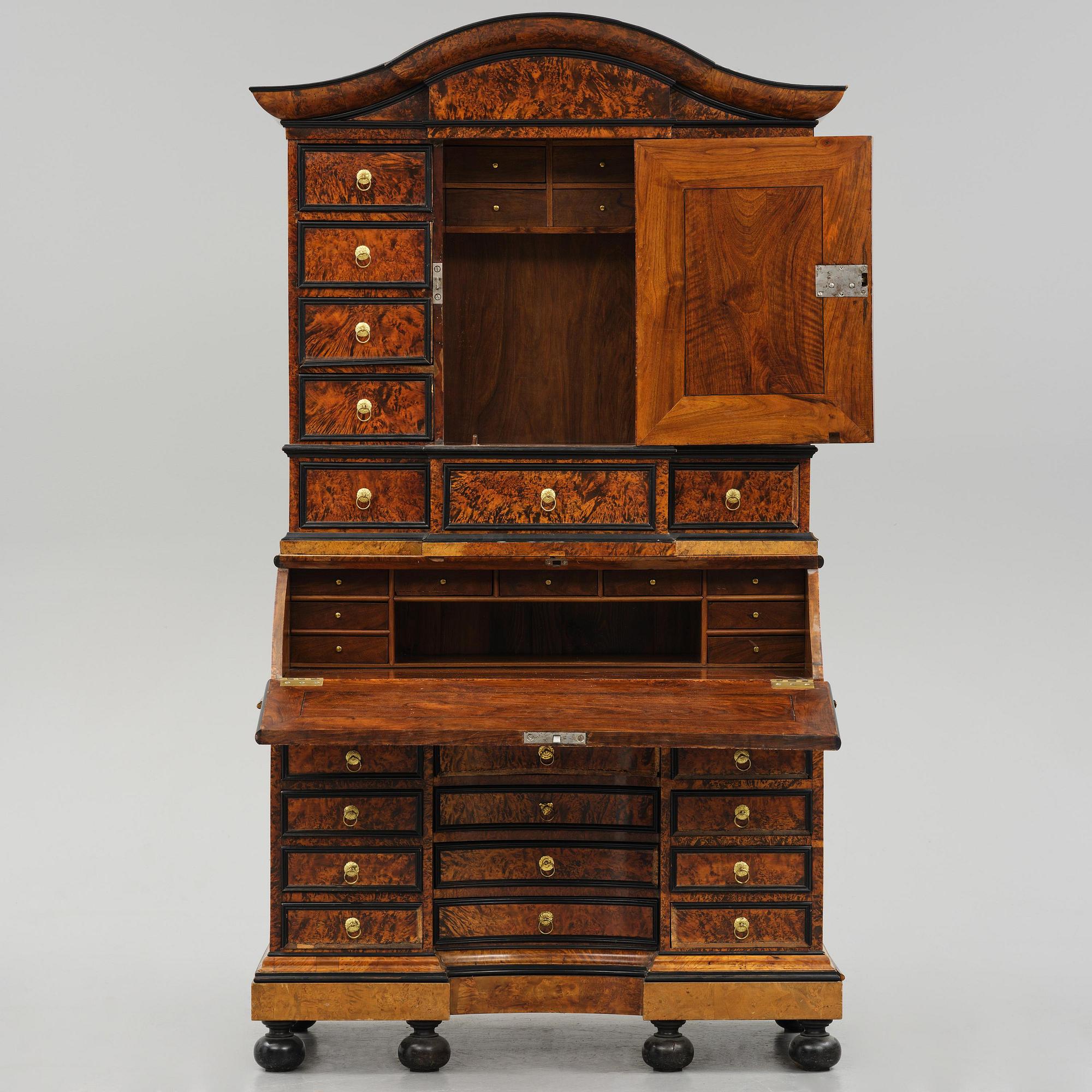 A Swedish burr-elm late baroque writing cabinet, first part 18th century.