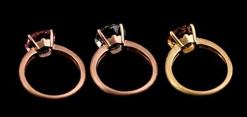 RINGAR, 3 st, 18 k matterat gult och roséguld, brioletteslipad topas, ametist och citrin samt briljantslipade diamanter.