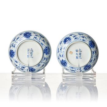 A pair of blue and white 'lotus' dishes, Qing dynasty, Guangxu mark and period (1875-1908).