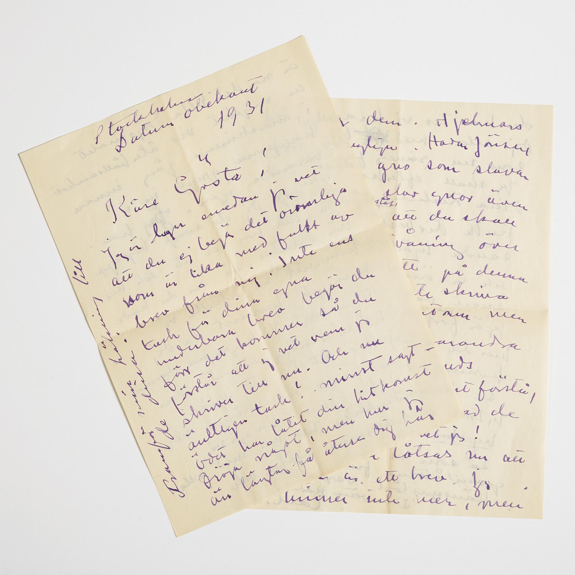 LETTER from Carl Kylberg in Stockholm to GAN (Gösta Adrian-Nilsson) in Lund. Dated 1931.