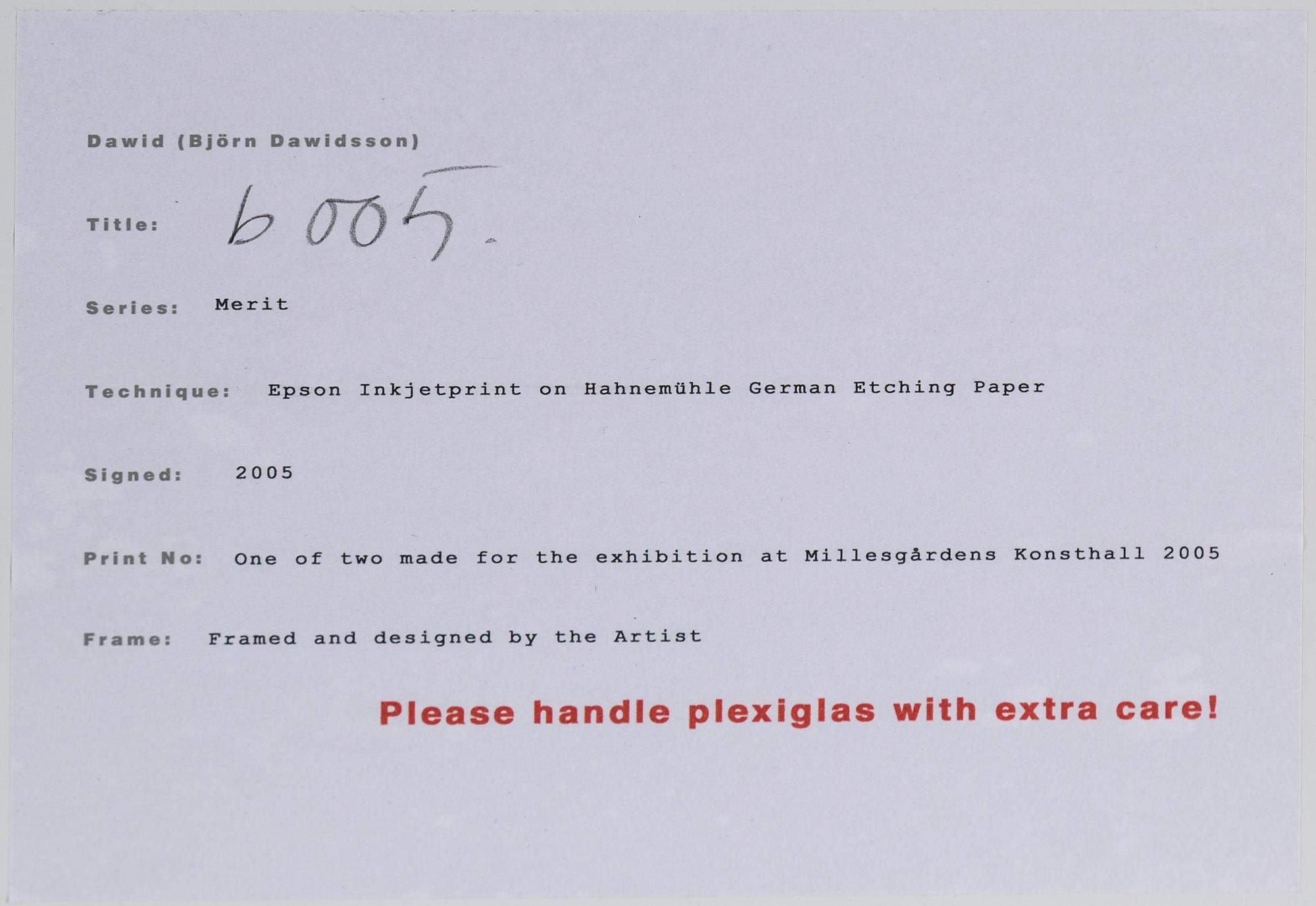 DAWID (BJÖRN DAWIDSSON), pigment print, signerat Dawid och daterat 2005 med blyerts.