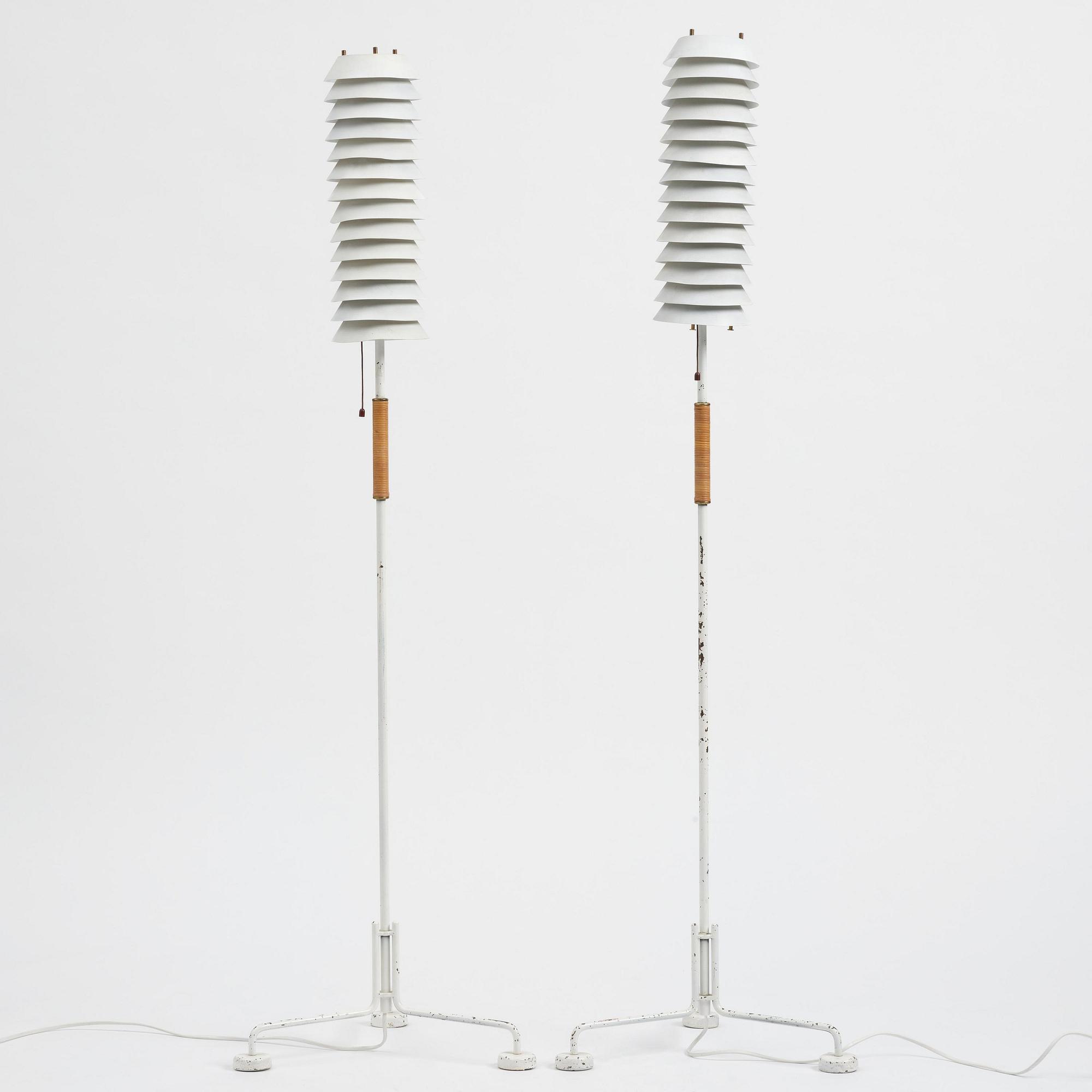 Ilmari Tapiovaara, a pair of "Maija Mehiläinen"/"Maija the Bee" floor lamps, Hienoteräs, Finland, 1950s.