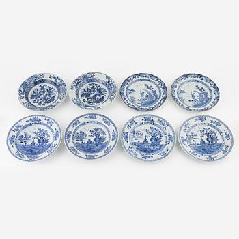 A group of eight Chinese blue and white plates, Qing dynasty, Qianlong (1736-95).