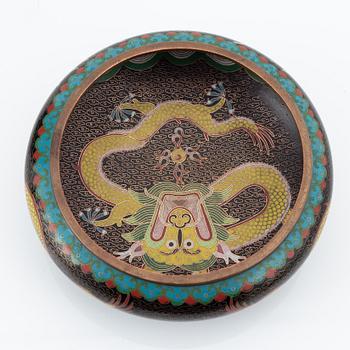 A Chinese cloisonné vase, a bowl and a candlestick, 20th Century.