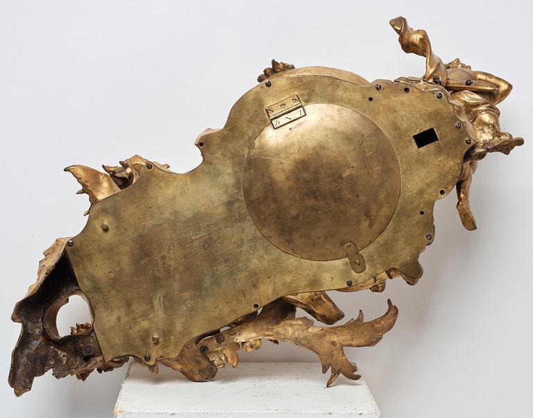 A Louis XV mid 18th century gilt bronze wall clock marked "Caffieri fecit".