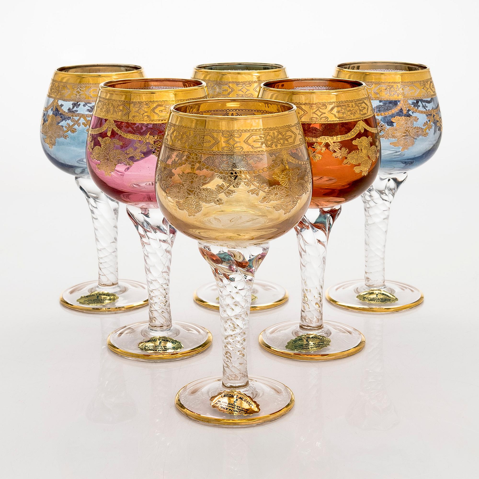 A set of six late 20th century Murano glasses, Italy,.