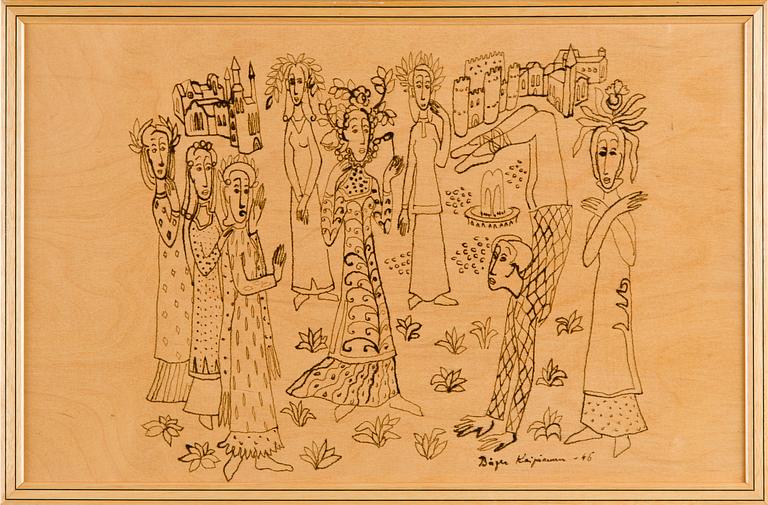 Birger Kaipiainen, piirros, tussi vanerille, signeerattu ja päivätty -46.