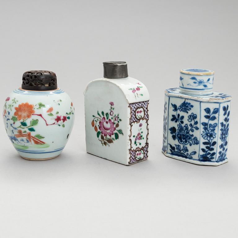 Two Chinese 18th-Century porcelain tea caddies and a jar and a 19th-Century snuff bottle.