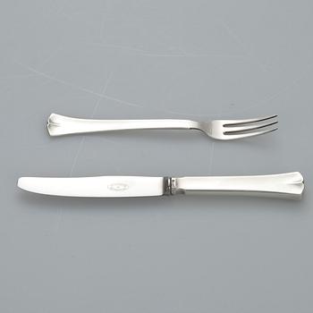 KAFFESERVIS, 3 delar, silver "Jousi" DESSERTBESTICK, 6+6, Kultakeskus, Tavastehus 1955-1975. Tot. vikt ca 1359 g.