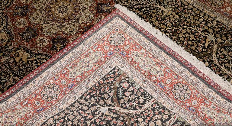 A oriental figural silk carpet, 303 x 201 cm.