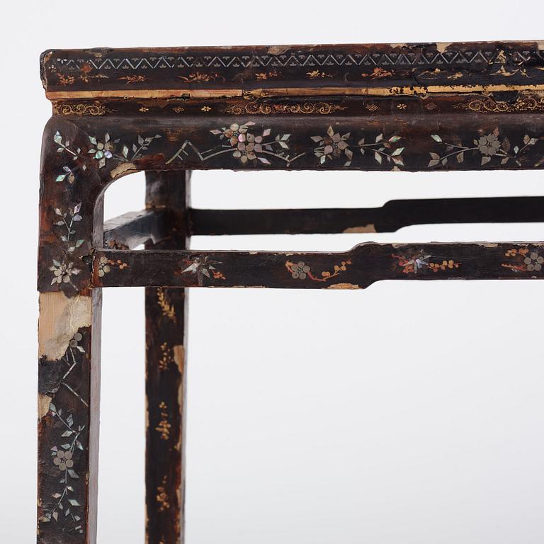 A  Chinese black lacquered altar table with mother of pearl inlay, 17th /18th Century.