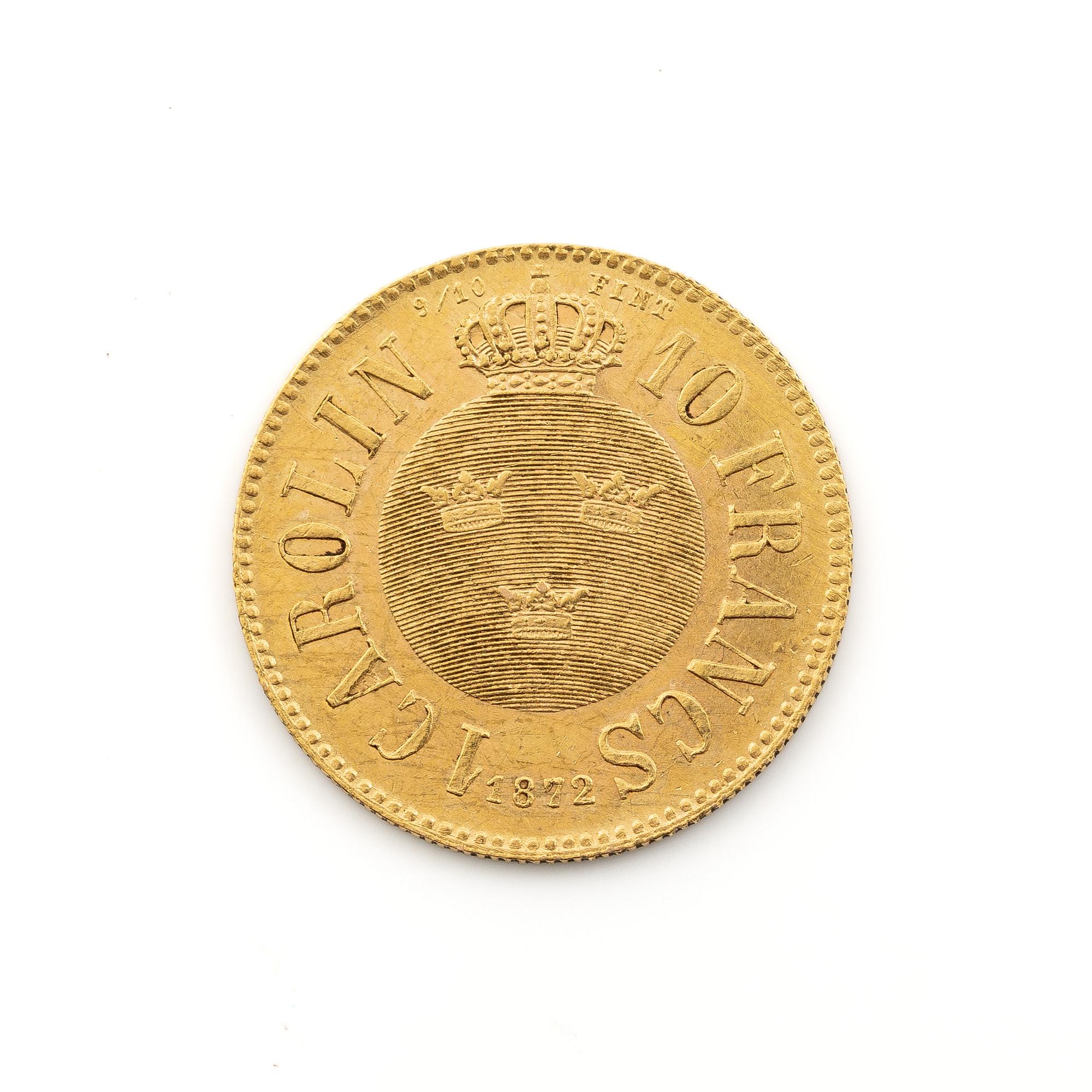 Guldmynt, 1 Carolin 10 Francs, Karl XV, Sverige, 1872.