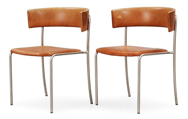 A pair of Erik Karlström steel and brown leather chairs, Stockholm ca 1965.