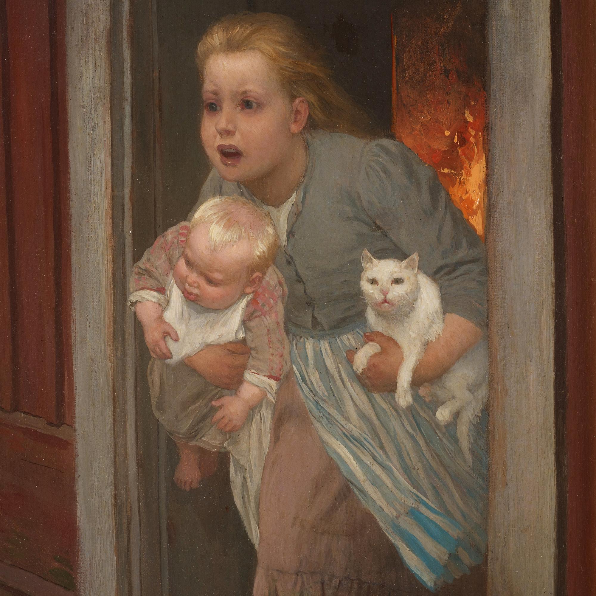 August Malmström, ”Elden är lös! Exteriör med två barn och en katt” (Fire! Exterior with two children and a cat).