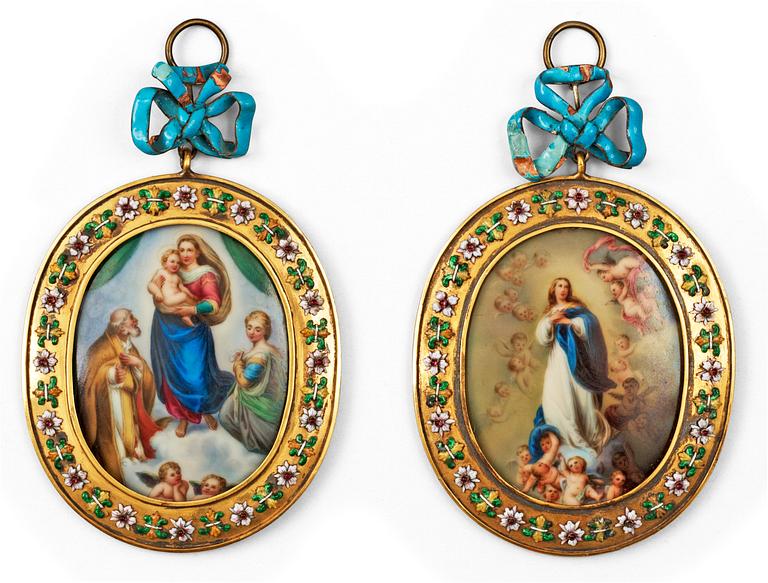 A pair of porcelain miniature paintings in gilt enamelled frames, 19th Century.