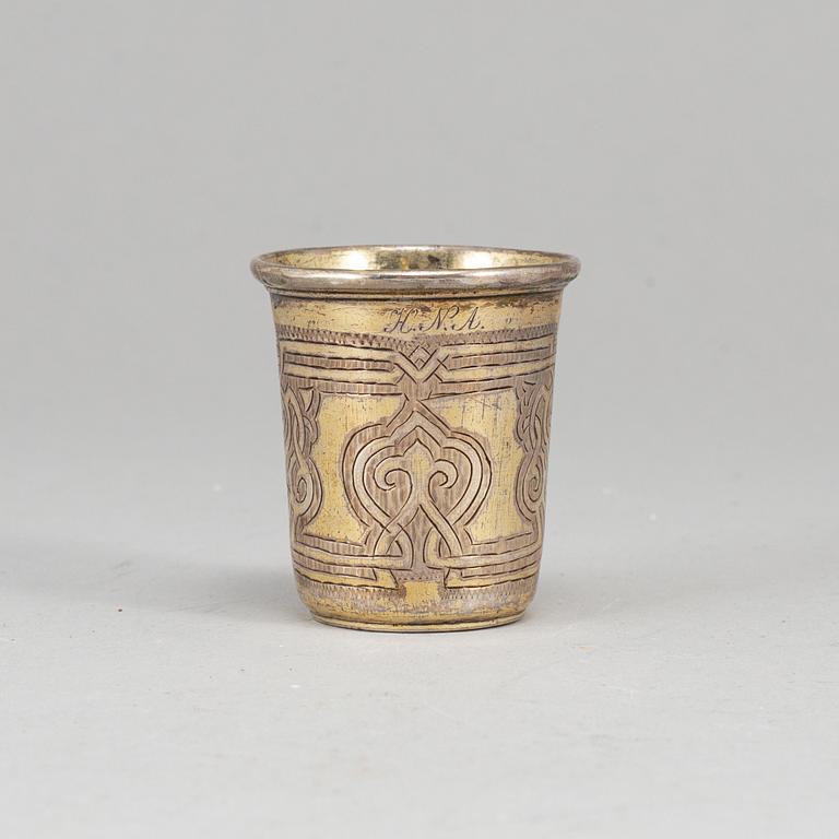 A Russian 19th century silver-gilt vodka-cup, unidentified makers mark, Moscow 1859.