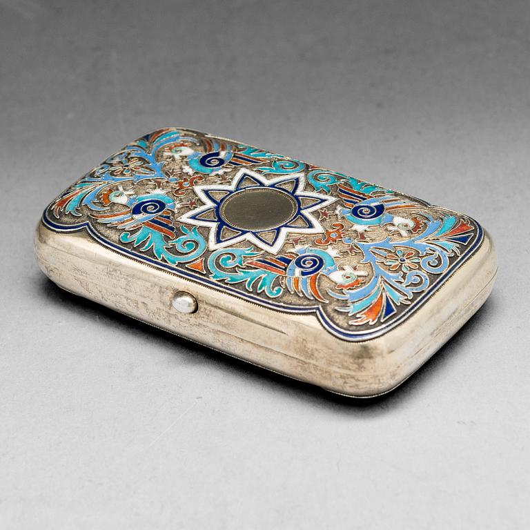 A cloisonné enamel and gilt silver cigarette case, maker's mark of Grigorii Andreev, Saint Petersburg, Russia 1885-1898.