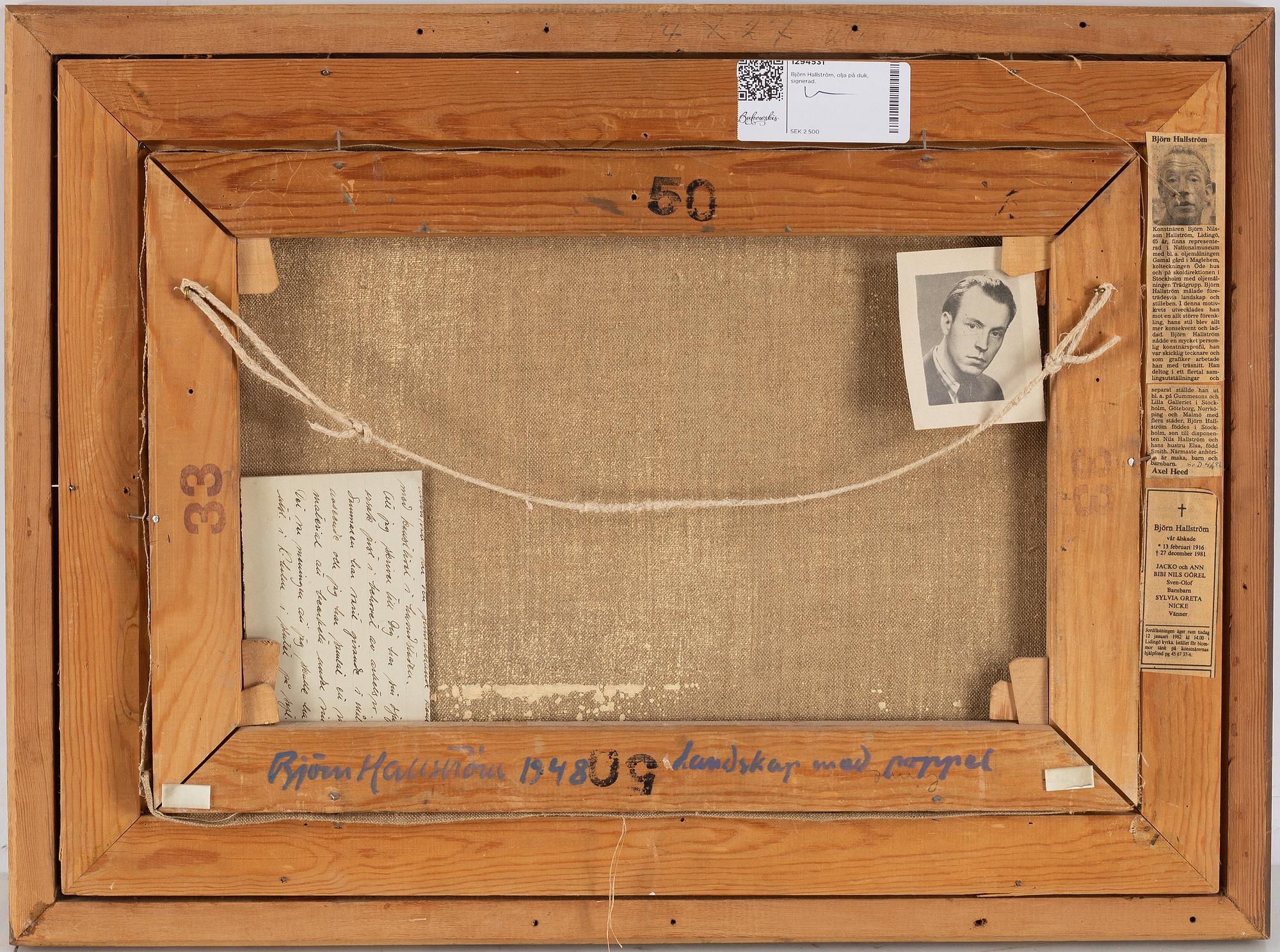 Björn Hallström, oil on canvas, signed and dated 1948 verso.