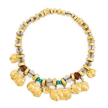 382. An 18K gold and Misani Milano necklace with quartz, turquoise and a round brilliant-cut diamond.