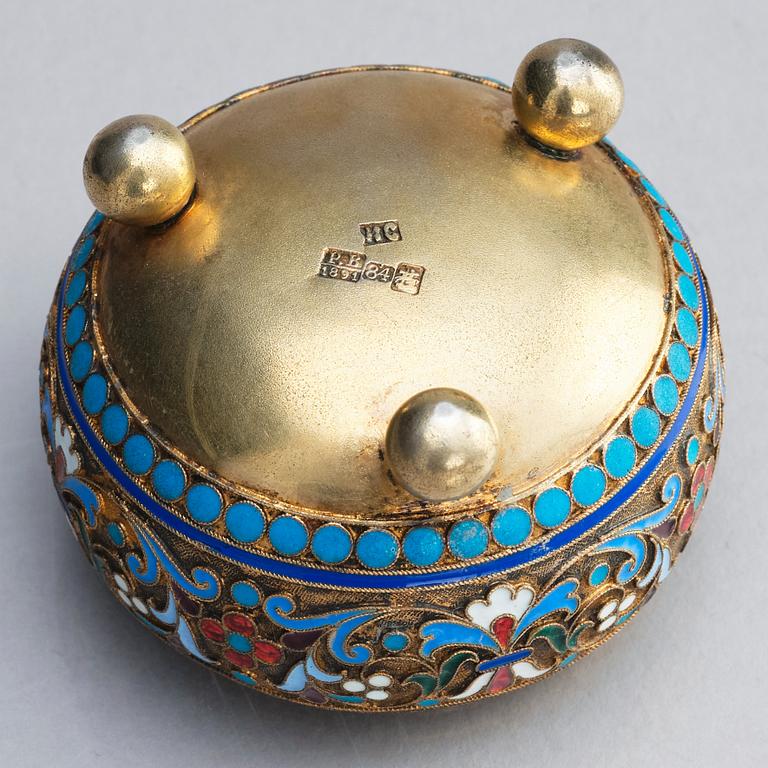 Two Russian spice/salt-cellars, parcel-gilt silver and enamel, mark of Ivan Saltykov and Ivan Sergeyevich Lebedkin.