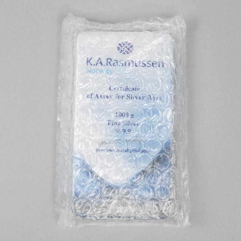 Silvertacka, 1000 gram finsilver, K.A. Rasmussen, Norge.
