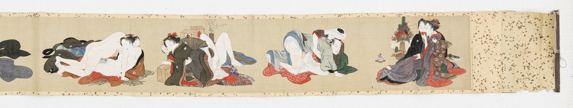 Makimono/a scroll painting, shunga, ink and colour on silk, Japan, 19th century.