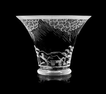 987. An Edward Hald engraved glass bowl "Åskväder", Orrefors 1974.