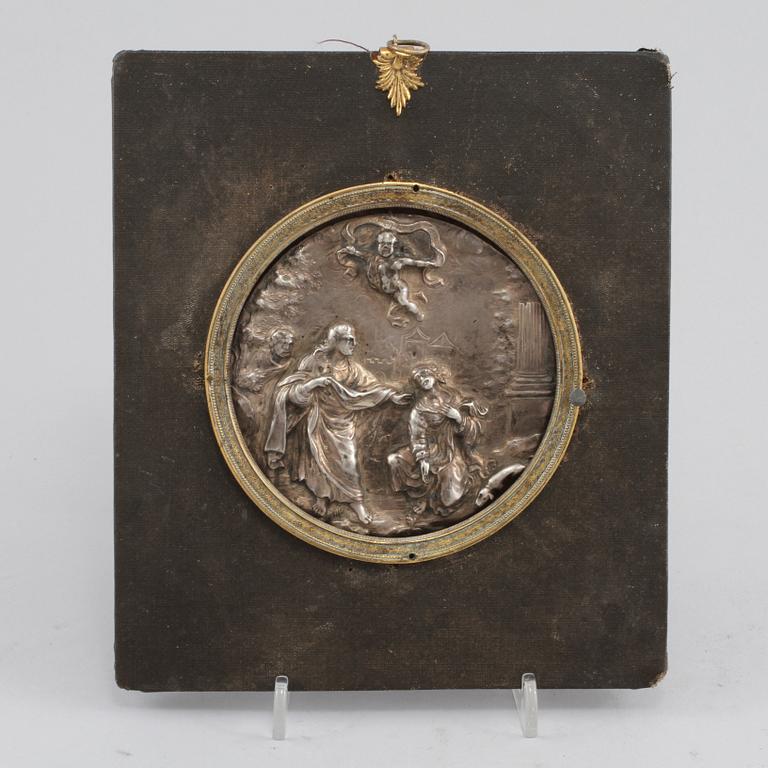 PLAKETT, delvis silver, 1800-tal.