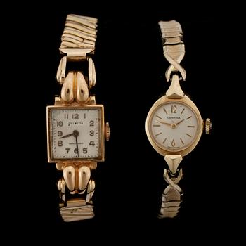 SMYCKEN samt KLOCKOR, 6 delar, 14 k samt 18 k guld. Vikt exklusive armbandsur, ca 12,9 g.