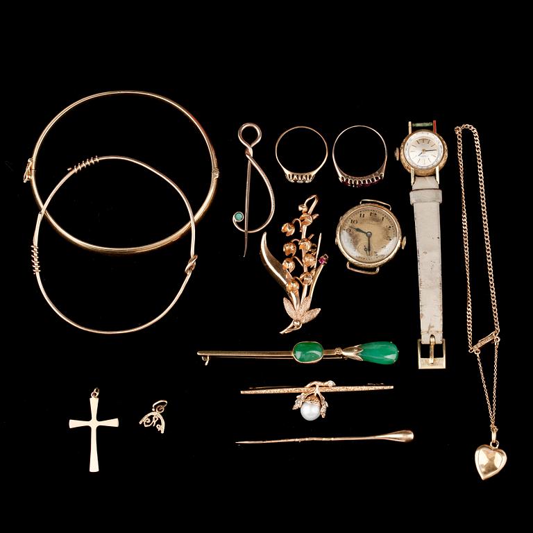 PARTI SMYCKEN OCH KLOCKOR, 14 delar, 18K guld. Tot vikt ca 73 g.