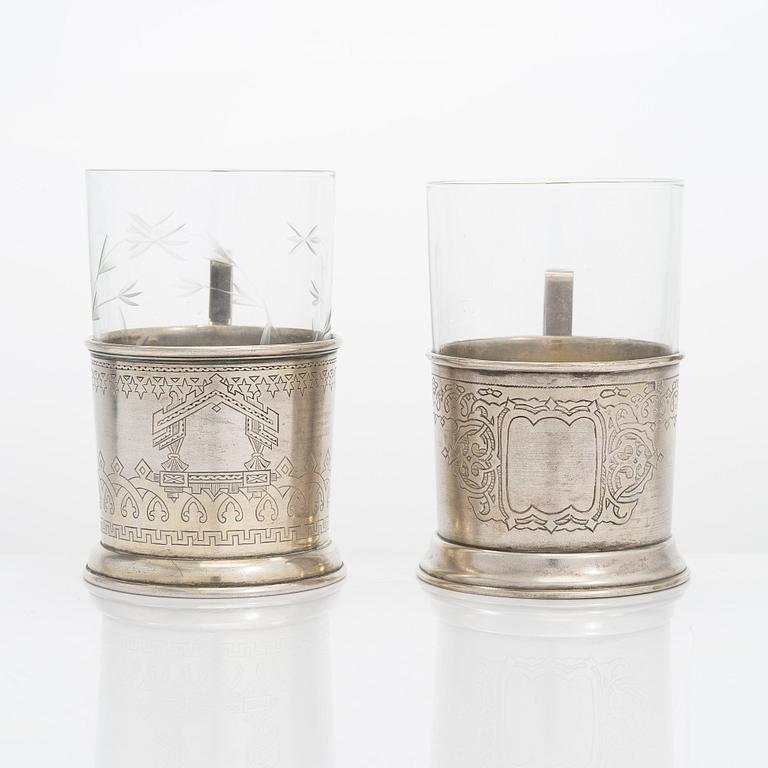 Two 19th-century silver tea glass holders, Moscow 1879 and 1894.