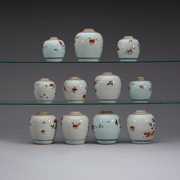 A set of 11 famille rose pots, Qing dynasty, Qianlong (1736-95).