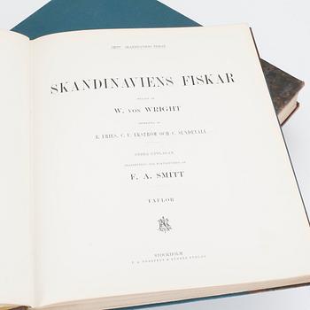 BOK, 3 volymer, I+II+planschdel, "Skandinaviens Fiskar", av FA Smitt, illustrerad av W von Wright, andra upplagan, 1895.