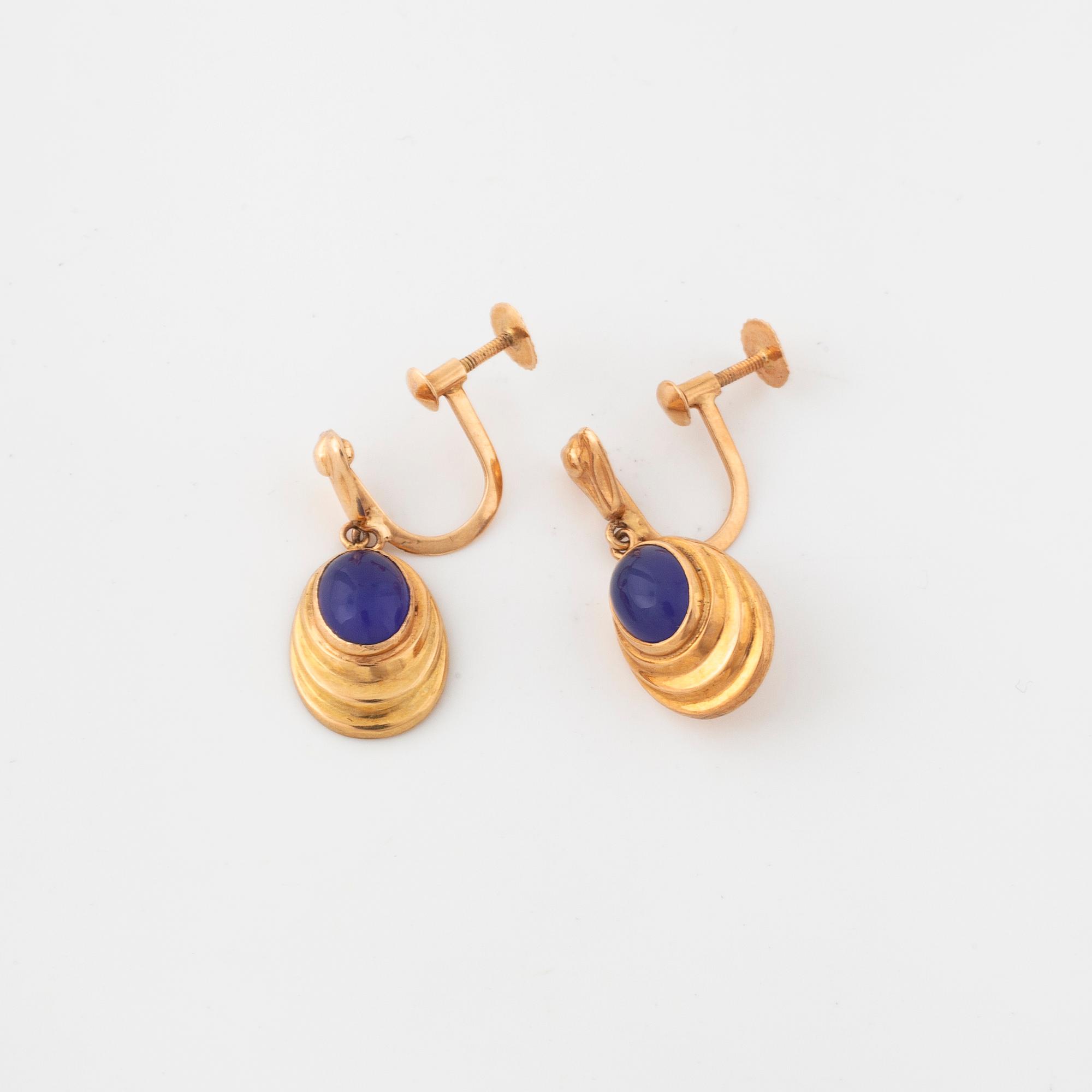 A pair of earrings, probably set with blue chalcedony by E Johansson, Stockholm, 1955.