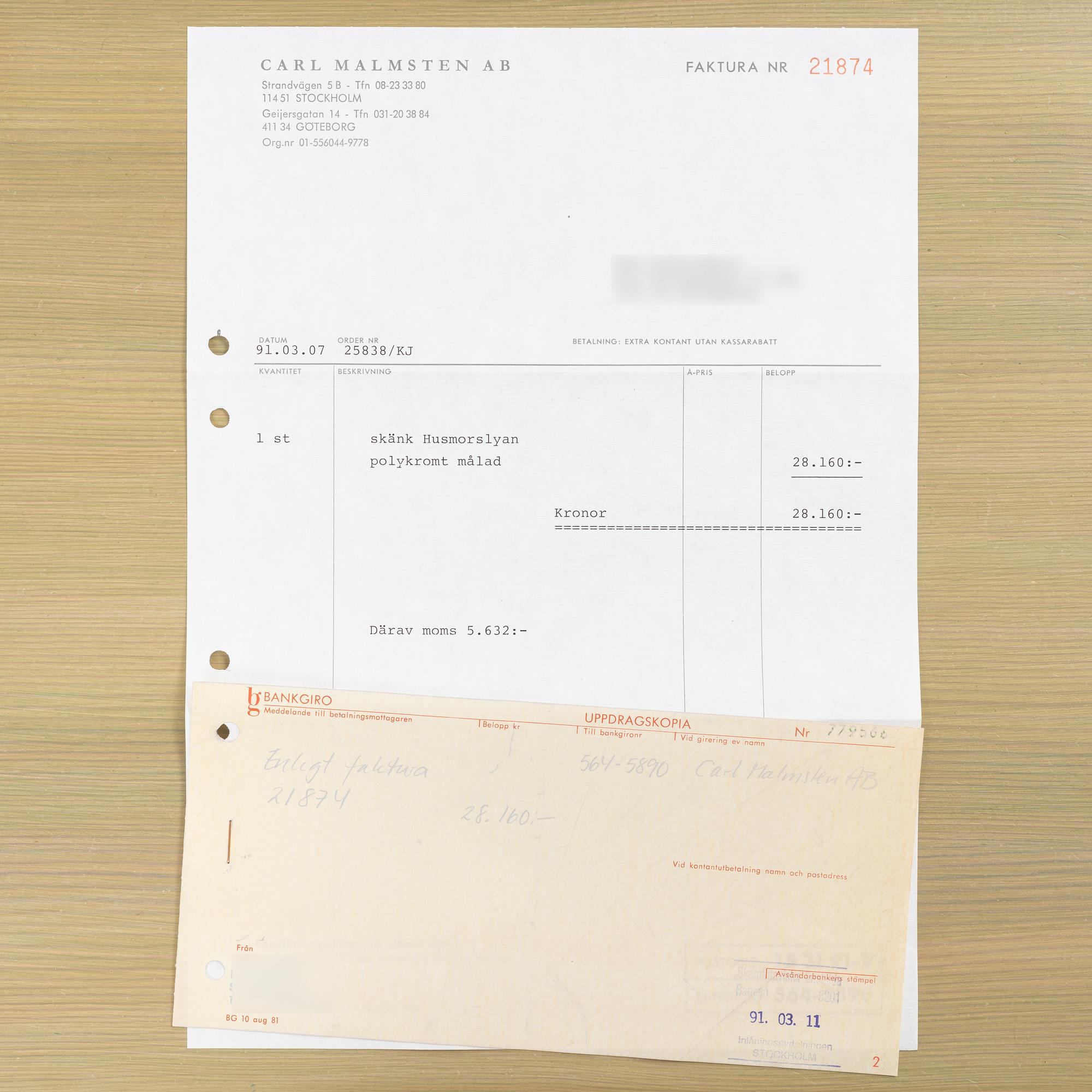 A 'Vita blommorna' cabinet/sideboard, painted by Liselott Malmsten, Firma Carl Malmsten, 1991.